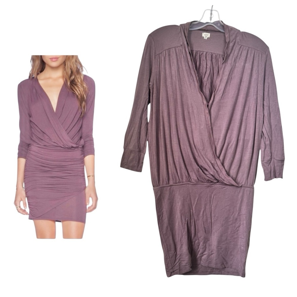 Aritzia Wilfred Ruched Jersey Mini Dress Tunic Lo g Sleeve Draped Lyocell V Wrap